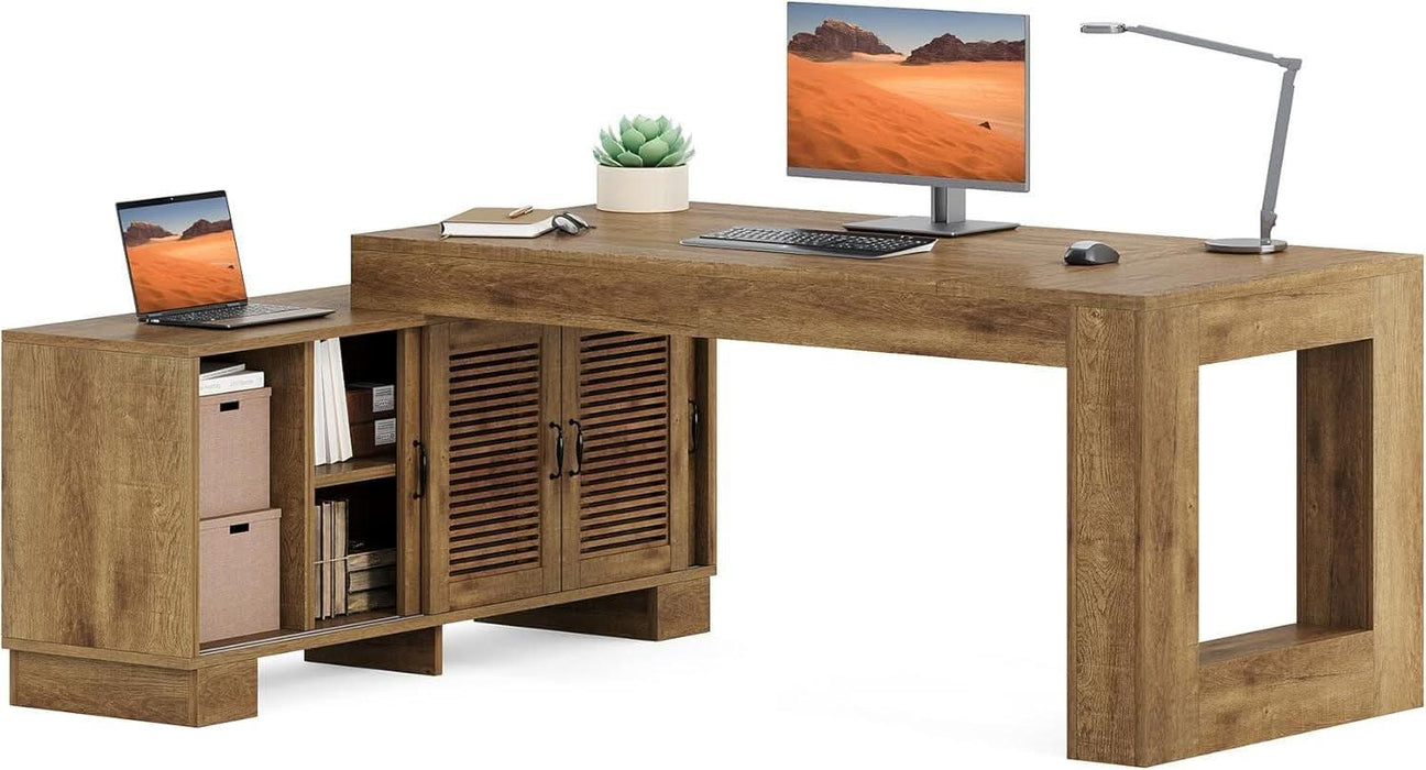 Brown 63InchLong LShaped Desk With Sliding Cabinets
