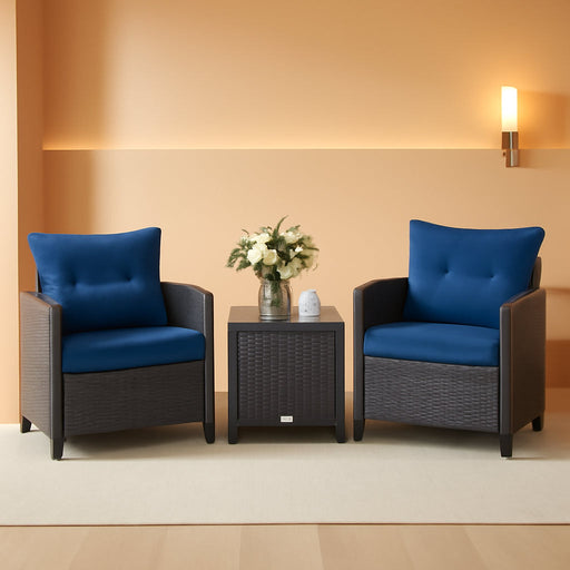 3 Piece Patio Furniture Set, Outdoor Conversation Set with Washable Cushions & Tempered Glass Tabletop, PE Rattan Wicker Bistro Set for Porch, Garden, Balcony (Navy Blue)