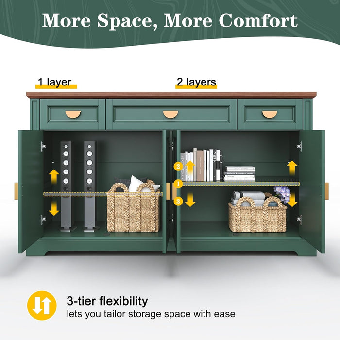 60'' Shaker-Style Large Sideboard Buffet Cabinet with Storage, Green | Credenza Storage Cabinet with 4 Doors and 3 Drawers, Coffee Bar for Kitchen, Living Room