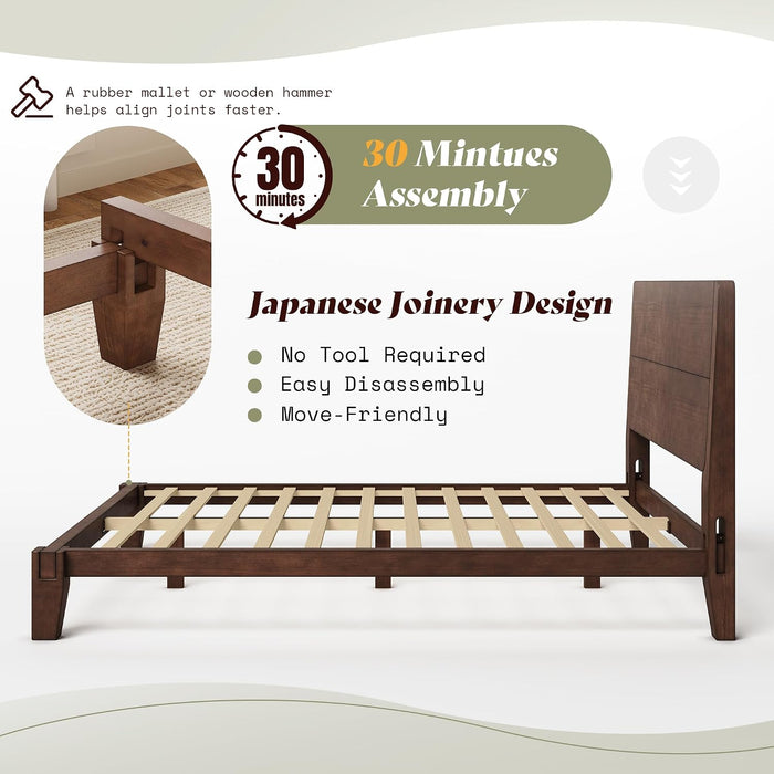 Solid Wood Full Bed Frame with Headboard, Japanese Joinery, Walnut