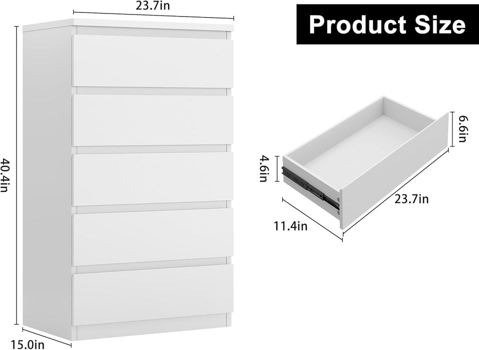 White 5-Drawer Dresser Storage Drawers 23.7 Inches