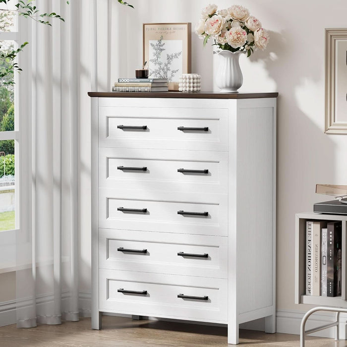 White Dresser Tall for Bedroom,Wooden 5 Drawer Dresser for Nursery,Chest of Drawers for Bedroom, Closet Storage Organizer for Living Room, Hallway, Closet (Brown&White)