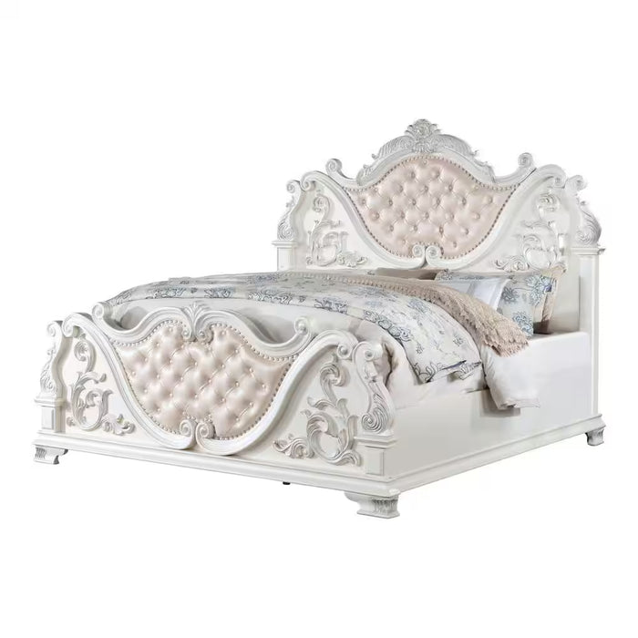 Florince 3-Piece Pearl White King Wood Bedroom Set with 2 Marble Top Nightstands