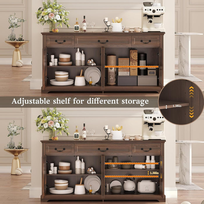 65" Large Sideboard Buffet Storage Cabinet with 3 Drawers and 4 Doors | Farmhouse Kitchen Sideboard Buffet Coffee Bar Wine Bar Cabinet with Storage for Living Room(Walnut)