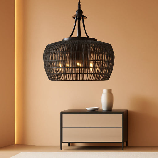 Black Rattan Chandeliers for Dining Room, 5-Light Farmhouse Chandelier Light Fixture with Wicker Lampshade, Large Boho Coastal Hanging Pendant Lightting for Kitchen Island Bedroom Living Room