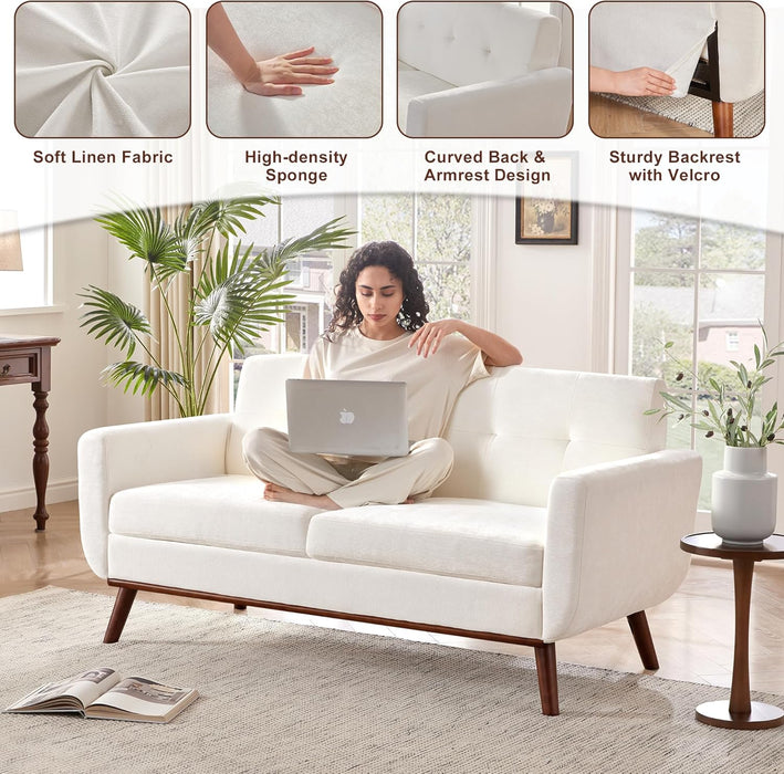 65.2" W Loveseat Sofa, Mid Century Modern Decor Love Seat Couches for Living Room, Button Tufted Upholstered Furniture, Solid & Easy to Install Small Couch for Bedroom Office Apartment, White
