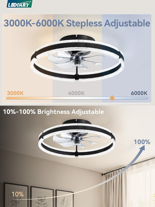 Ceiling Fans with Lights and Remote, 20'' Low Profile Ceiling Fan with Light, 3000-6000K Dimmable Fandelier Ceiling Fans, Modern Flush Mount Fan Light for Bedroom with 6 Wind Speeds- Black