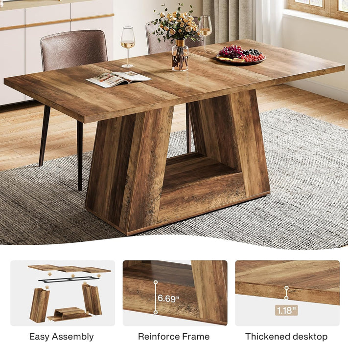 Dining Table for 4 to 6 People, 63" Rectangular Dining Room Table, Modern Wooden Faux Marble Dinner Table with Sturdy Base for Kitchen, Living Room, Brown