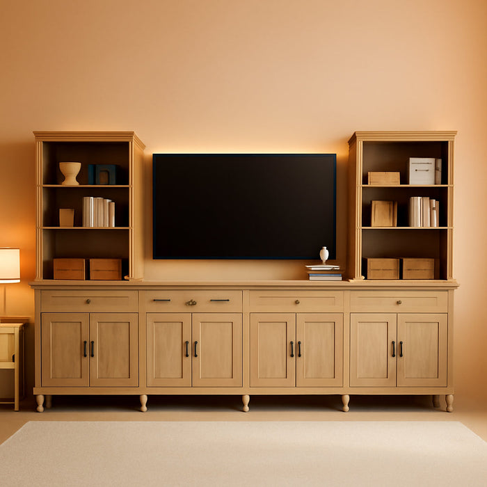 Entertainment Center with Bookshelves for Tvs up to 75", Farmhouse Wall Unit TV Stand with 8 Doors & 4 Drawer, Media Console Table for Living Room, Bedroom & Home Theater, Oak