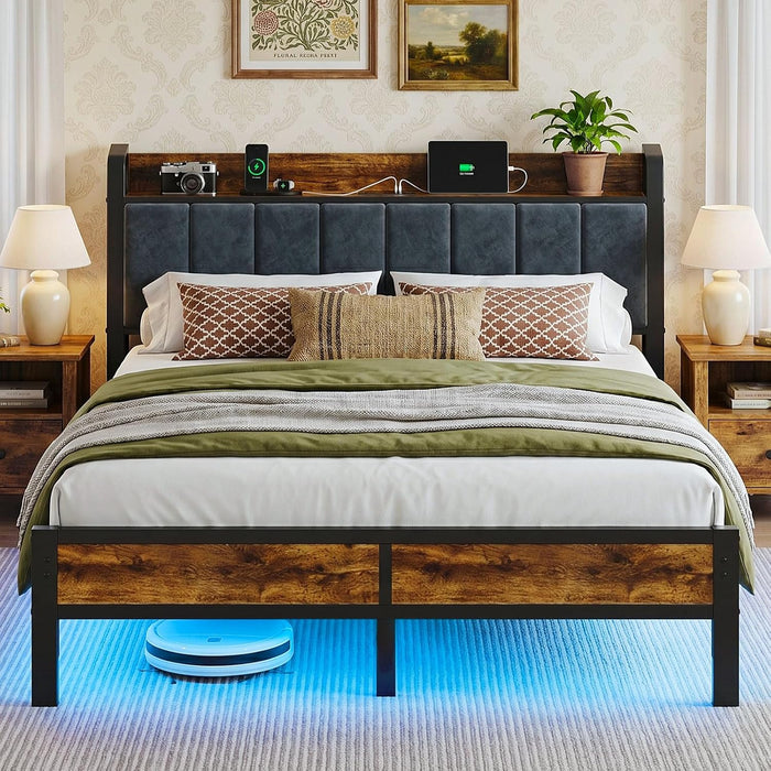 Queen Size Bed Frame with Storage Headboard, LED Lights