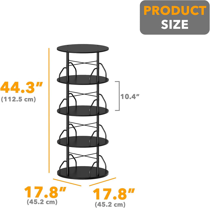 4 Tier Rotating Bookshelf Tower, 360 Display Stackable Spinning Bookcase, Space Saving Revolving round Book Shelf, Floor Standing Swivel Corner Organizer, Black