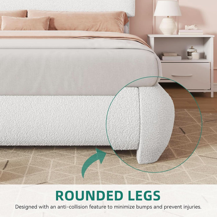 Queen Size Boucle Bed Frame, Upholstered Platform Bed Frame with Headboard, Modern Style, Soft Rounded Corners with Thickened Footboard, No Box Spring Needed, Easy Assembly, White