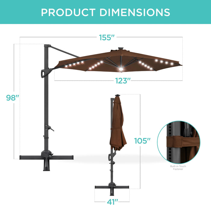 10Ft 360-Degree Solar LED Lit Cantilever Patio Umbrella, Outdoor Hanging Shade - Brown