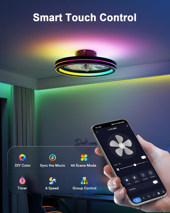 Smart Ceiling Fan Light with 2200K Nightlight, Wifi & Bluetooth Low Profile Ceiling Fan with Light Remote for Bedroom, RGBAI & 42 Scenes Mode, Flush Mount Easy to Install, 5000 LM, 19In Black