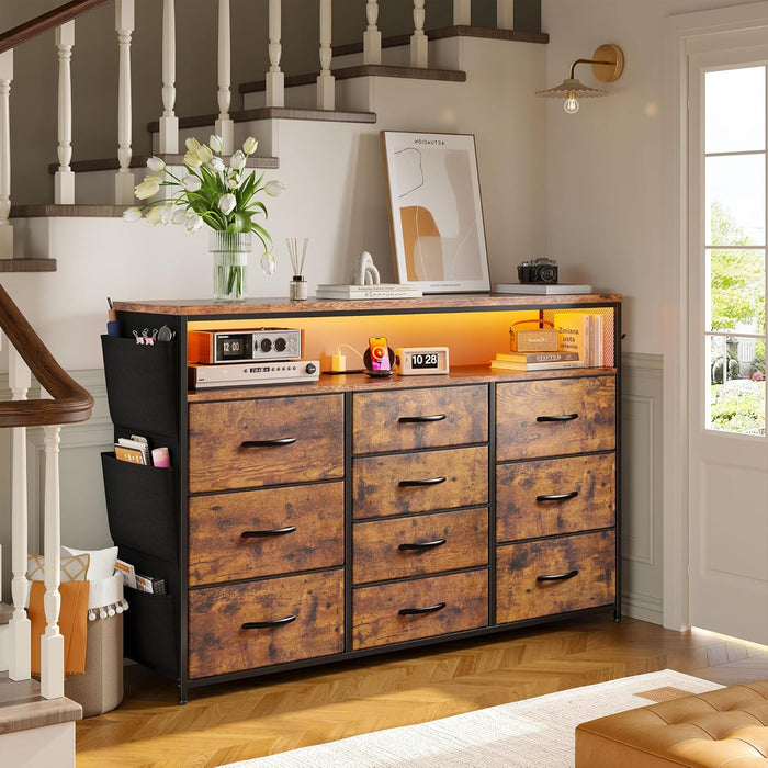 Dresser for Bedroom with 10 Fabric Drawers, Dresser with LED Lights & Power Outlets, 55" TV Stand Dresser with Side Pockets and Wood Open Shelves for Bedroom, Entryway, Rustic Brown