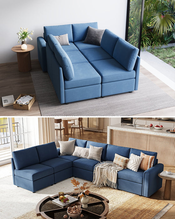 Modular Couches and Sofas Sectional with Storage, 6 Seat Sectional Sofa for Living Room, U Shaped Sectional Couch with Reversible Chaises, Blue