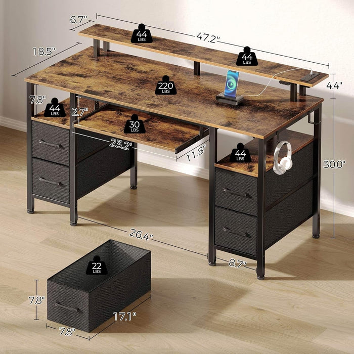 Computer Desk 47.2" with LED Lights & Power Outlets, Home Office Desk with 4 Drawers, Writing Desk with Keyboard Tray, Study Desk with Monitor Stand, Work Desk for Home Office, Rustic Brown