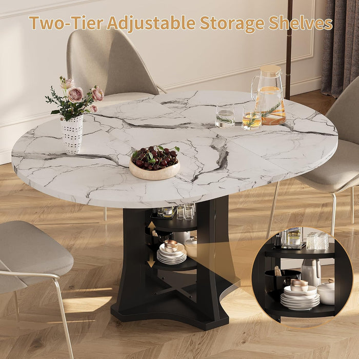 Extendable Dining Table Marble for 4–6 (White Marble) | White Faux Marble Dining Table, Modern Marble Kitchen Table, round Dining Table for Kitchen, Living Room, Dining Room ﻿
