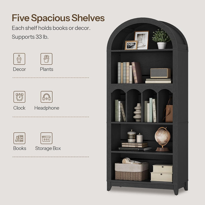 70.9" Tall Arched Bookcase, Wooden Open Display Shelves, Black | 5-Tier Book Shelf with Storage, Farmhouse Arched Cabinet for Bedroom, Home Office, Living Room