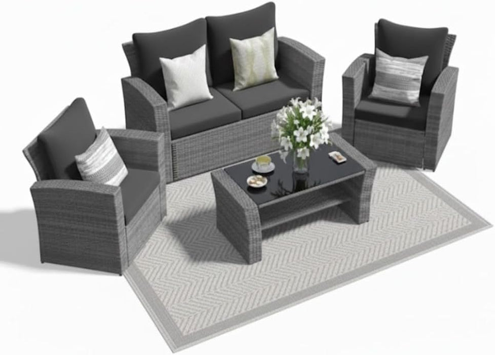 Wicker Patio Conversation Set with Tempered Glass Table and Outdoor Cushions for Backyard Living