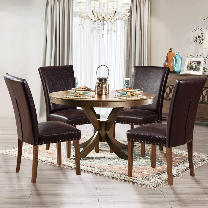 Parsons Dining Chairs Set of 4, Upholstered Nailhead PU Leather Dining Room Kitchen Side Chair with Thick Cushions and Wood Legs, Dark Brown