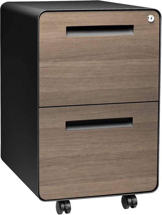 Stockpile 2 Drawer Mobile File Cabinet with Lock - under Desk Metal Filing Cabinet, Legal/Letter File Folders, Wheels and Stationary Feet, Pre-Assembled, Black/Wood