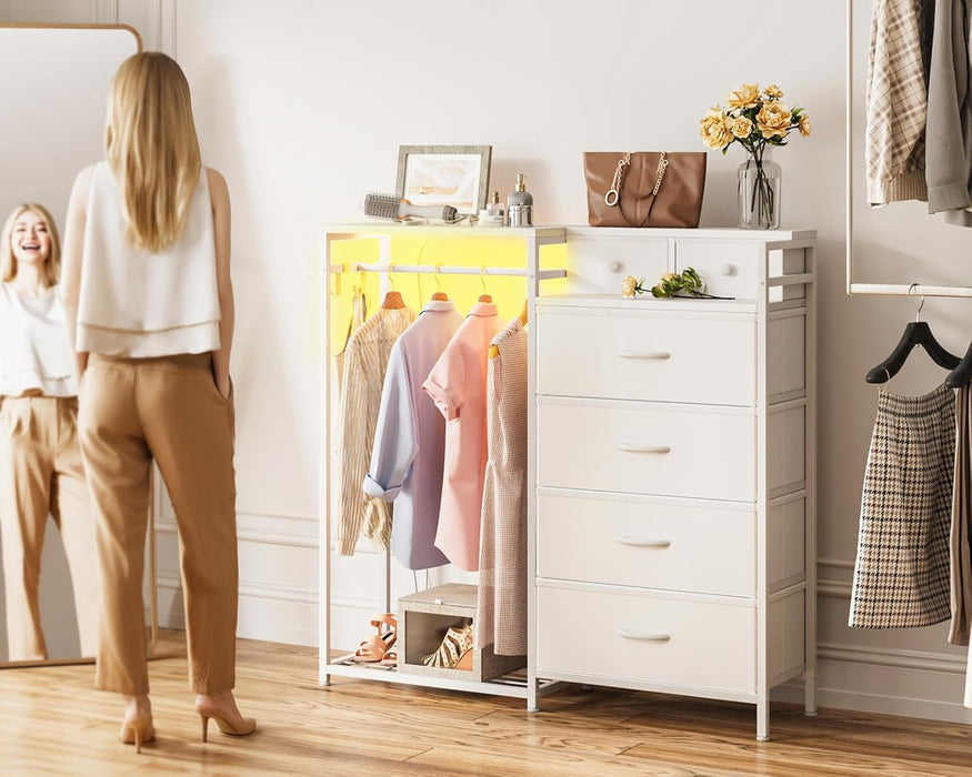 43" W White Dresser for Bedroom with Hanging Rack, Reversible 6 Drawers Dresser with Led Lights & Charging Station, Fabric Closet Dressers & Chest of Drawers with Clothes Rack for Girls, Kids