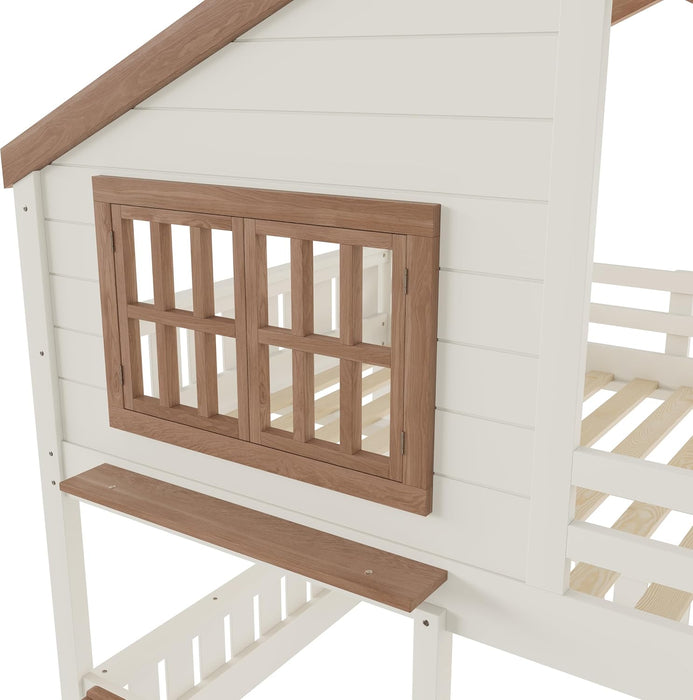 Beige SpaceSaving PlayhouseStyle Bunk Bed With Storage