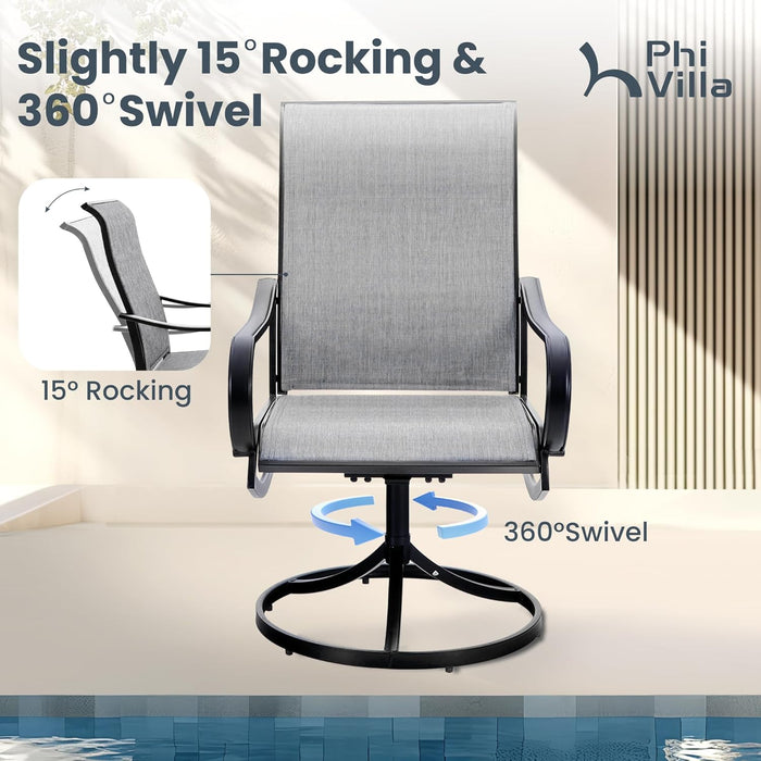 5 Piece Outdoor Patio Dining Set with 4 Swivel Dining Chairs & 1 Large round Dining Table, Gray Textilene Mesh Fabric Chair and round Metal Table for All Weather Deck Lawn Garden