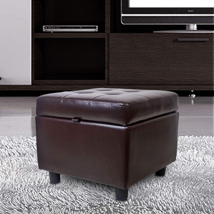 Tufted Leather Square Flip Top Storage Ottoman Cube Foot Rest (Brown with Storage)