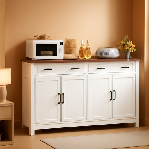 63" Buffet Cabinet with Storage, Large Sideboard Buffet Cabinet with 2 Adjustable Shelves and 4 Doors, Modern Farmhouse Coffee Bar for Kitchen, Living Room, White