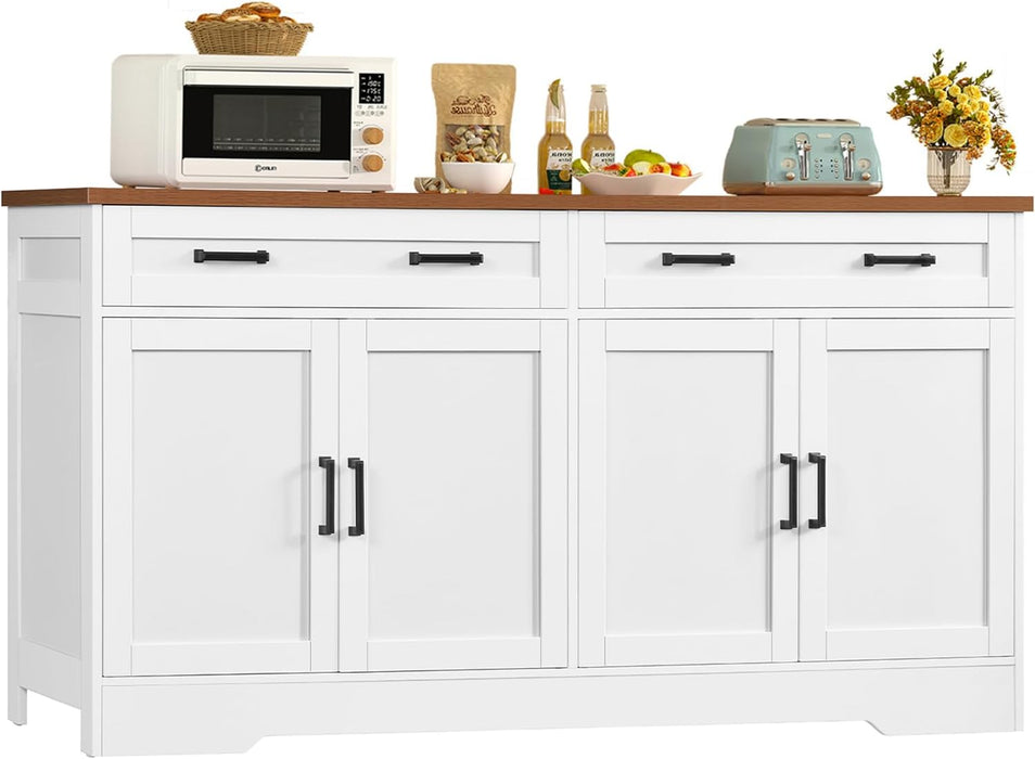63" Buffet Cabinet with Storage, Large Sideboard Buffet Cabinet with 2 Adjustable Shelves and 4 Doors, Modern Farmhouse Coffee Bar for Kitchen, Living Room, White