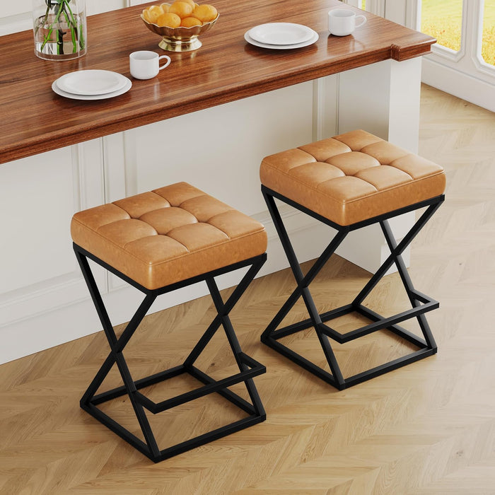 Backless Bar Stools Set of 2, 26 Inch Counter Barstools, PU Brown | Industrial Metal Bar Stools, Backless Faux Leather Seat, X-Frame Footrest,Space-Saving, 26" Counter Height, for Kitchen,Cafe