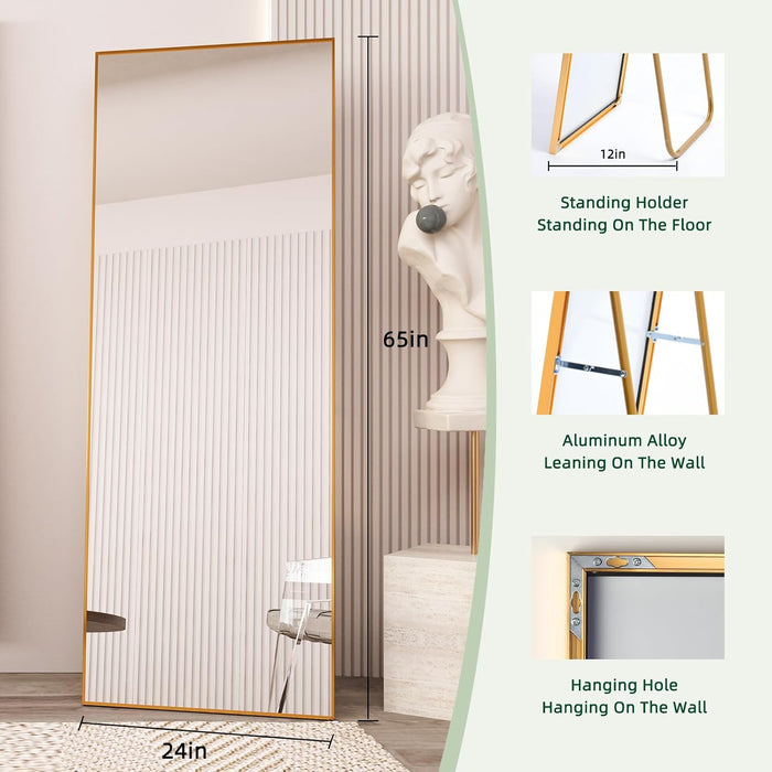 65" X 24" Full Length Mirror with Stand, Gold Wall Mounting Full Body Mirror, Metal Frame Full-Length Tempered Mirror for Living Room, Bedroom