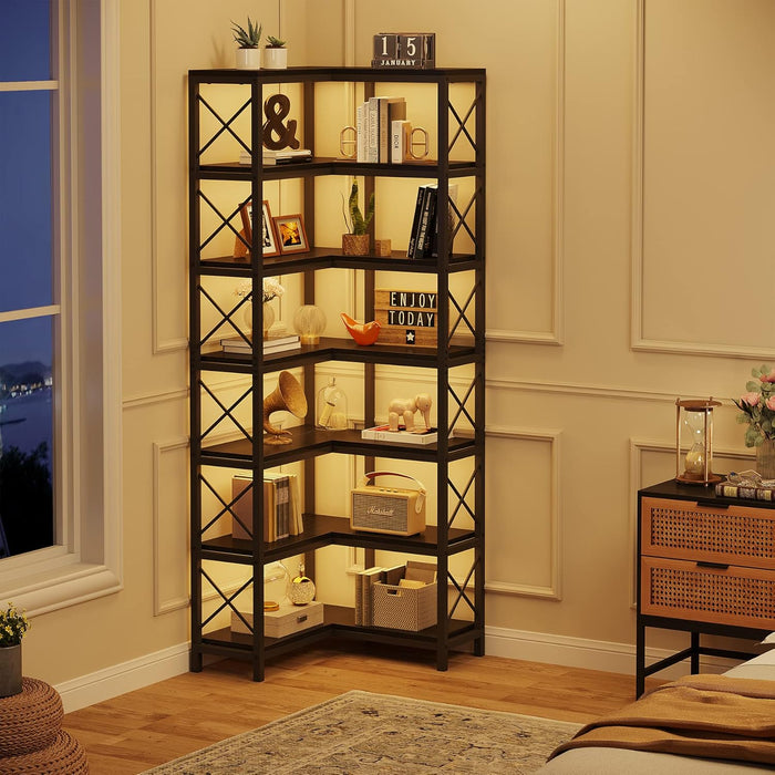 7-Shelf Corner Bookshelf,Large Modern Corner Bookcase, 7-Tier Tall Corner Shelf Storage Display Rack with Metal Frame for Living Room Home Office (Black)