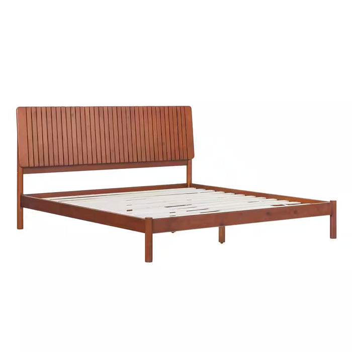 Transitional Brown Solid Wood Frame King Platform Bed with Minimalist Slatted Headboard