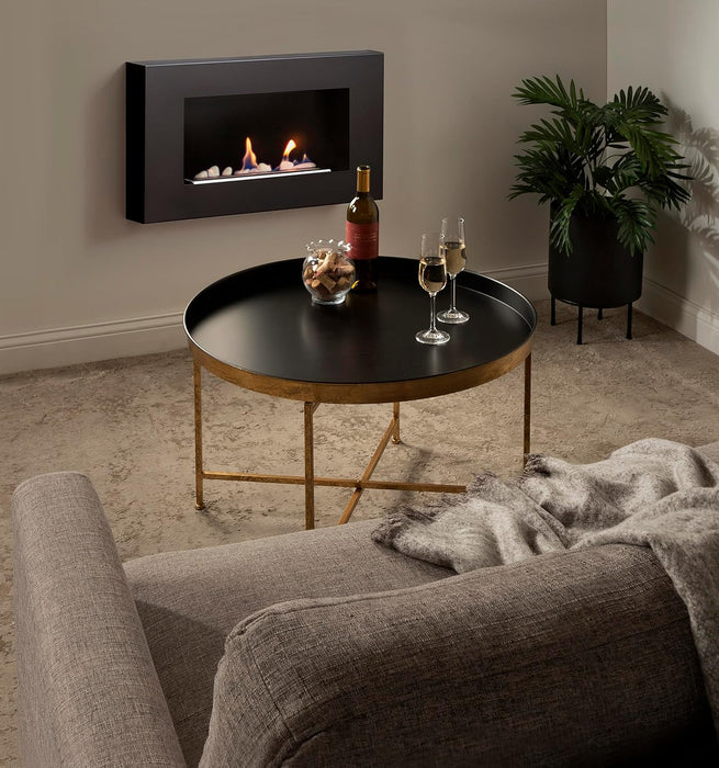 Celia Modern round Coffee Table; 28 X 28 X 19; Black and Gold; Coffee Table for Living Room Decor; Storage; and Display