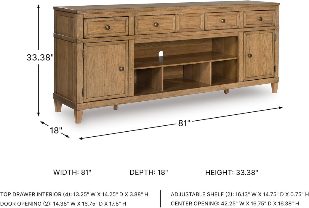Sharlance Farmhouse 81" TV Stand for Tvs up to 93" with Adjustable Shelves and Wire Management, Light Brown
