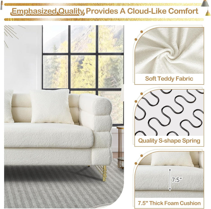 2 Piece Living Room Sofa Set, Comfy Boucle Couch with Loveseat and 3 Seater, Upholstered Sofa Couch with 2 Pillows and Deep Seat Design for Office, Waiting Room, White Teddy