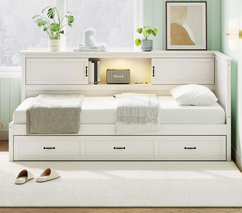 Full Size Corner Bed Frames with Storage Drawers, USB Port, Led Downlight Headboard & Bookcase, Wooden L-Shaped Captain Daybed for Small Room, Bedroom, Guest Room, Kids'Room, White