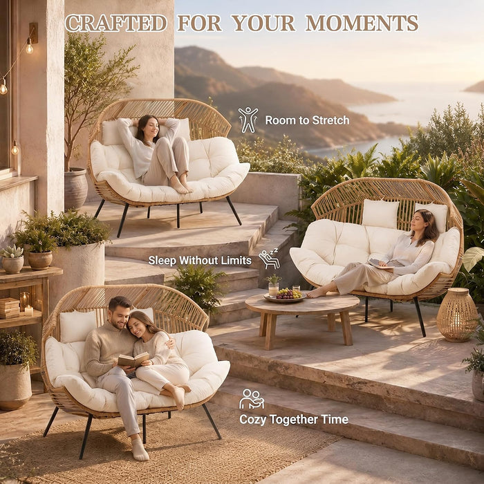 Wicker Double Egg Chair PE Rattan with Thicken Padded Cushion, 2 Person Oversized Patio Lounge Loveseat Chair for Outdoor, Indoor, Balcony, Backyard, Garden, Beige