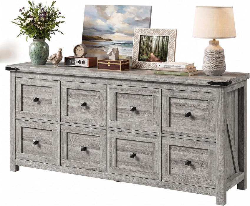 59" Wide Dresser for Bedroom with 8 Drawers, Farmhouse Wood Grey
