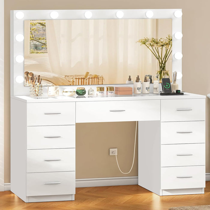 46" Vanity Desk with Glass Top & Lights Mirror, 3 Adjustable Lighting Color, Makeup Vanity with 9 Drawers and 12 LED Lights, Dressing Table for Bedroom, Vanity for Girls, White