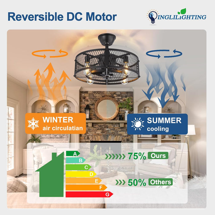 DLLT Caged Ceiling Fan with Light: 20" Farmhouse Fandelier with Lights and Remote & APP - Black Rustic Semi Flush Mount Bladeless Ceiling Fans Enclosed Fan for Bedroon Kitchen Living Dining Room