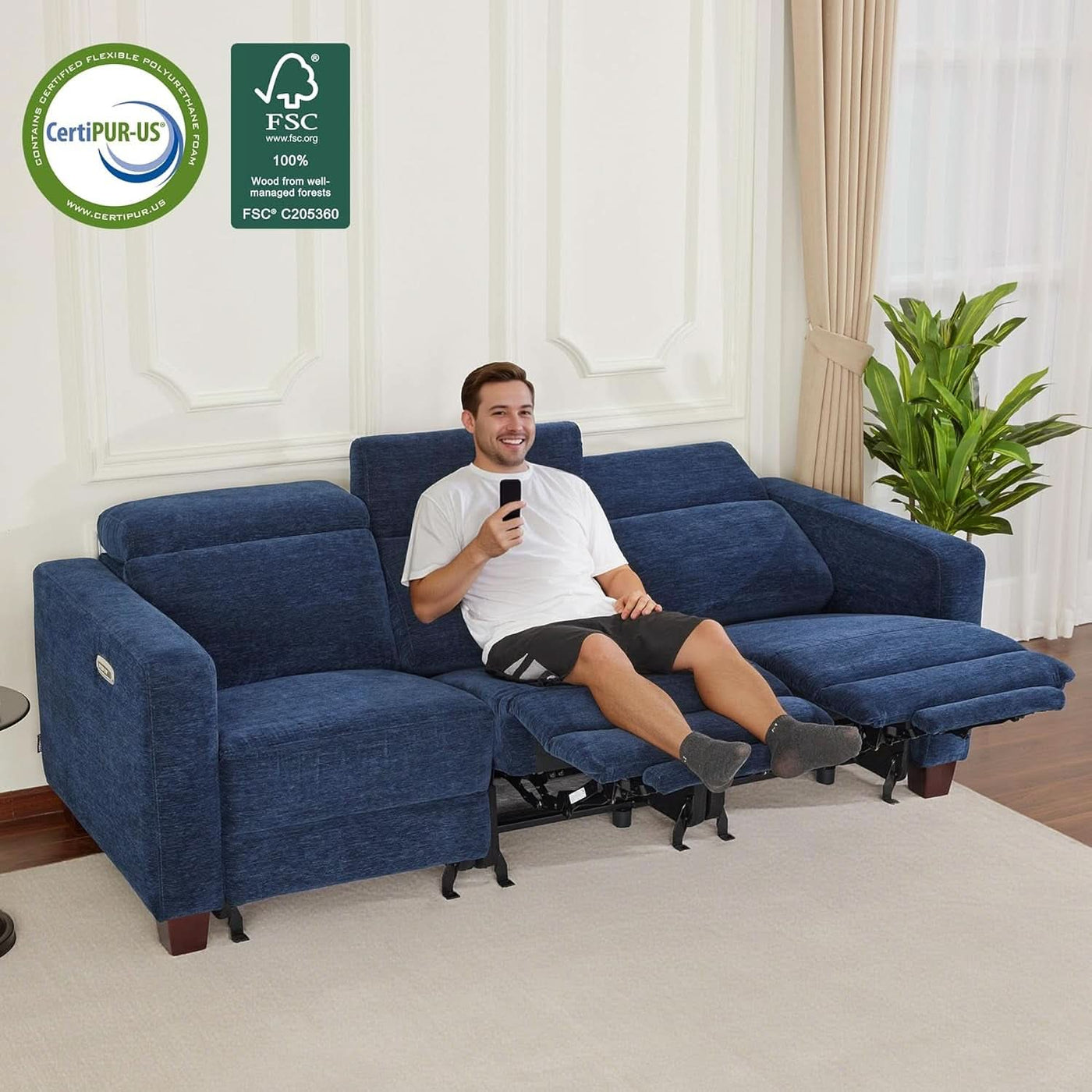 Navy Zero Wall Hugger Power Reclining Sofa USB Ports — ShipItFurniture