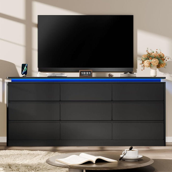 9 Drawer Dresser for Bedroom, 63" Long Black Chest of Drawers W/Led Lights