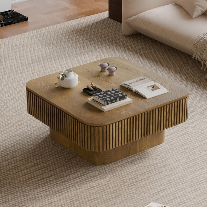 31.5 Inch Square Drum Coffee Table with Storage, Modern Handcraft Fluted Drum Coffee Table, Wooden Square Center Table Cocktail Tea Table with Sturdy Pedestal for Living Room Apartment (Brwon)