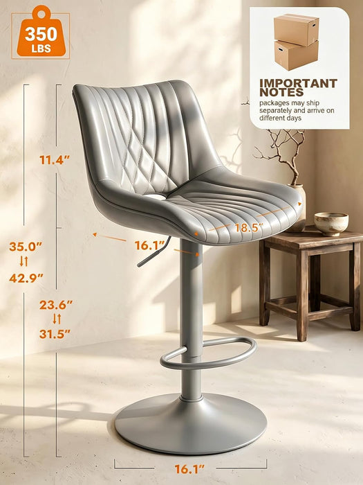 Swivel Bar Stools Set of 2, Height Adjustable Counter Height Bar Stools with Open Back and Footrest, Premium Faux PU Leather, Modern Upholstered Bar Chairs for Kitchen Island/Bar/Counter, Gray