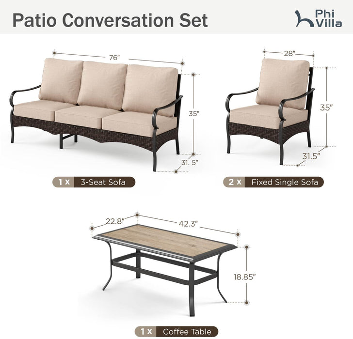 Outdoor Modern Patio Furniture Set, Upgraded Wicker&Metal Patio Furniture Conversation Set with Waterproof Thick Cushions for Porch, Poolside, Deck, and Yard (4 Pieces,Beige)