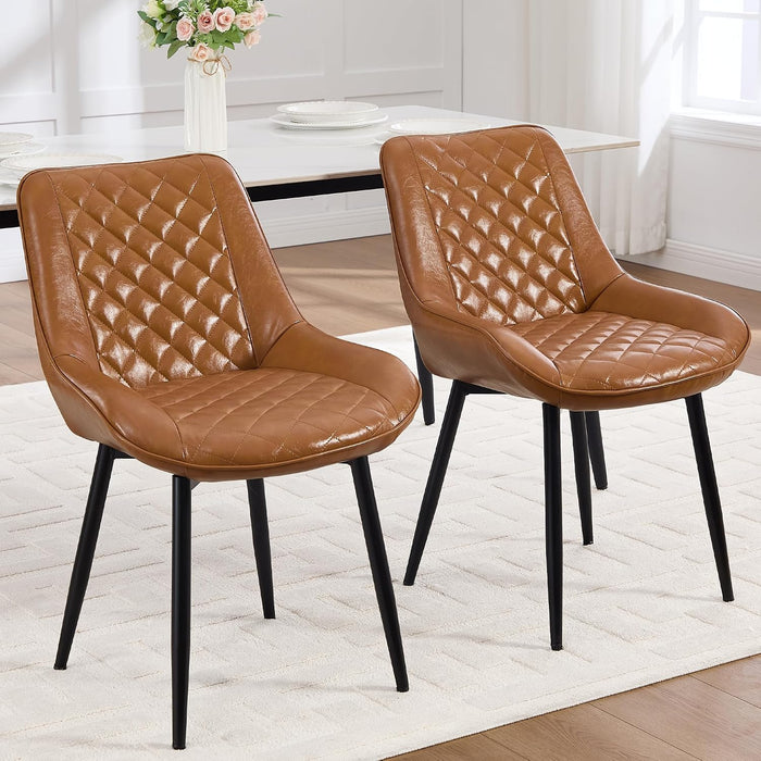 Dining Chair Set of 4, Modern Dining Chairs with Thick Cushions, Faux Leather Kitchen Dining Room Chairs with Metal Adjustable Legs for Dining Living Room, Brown